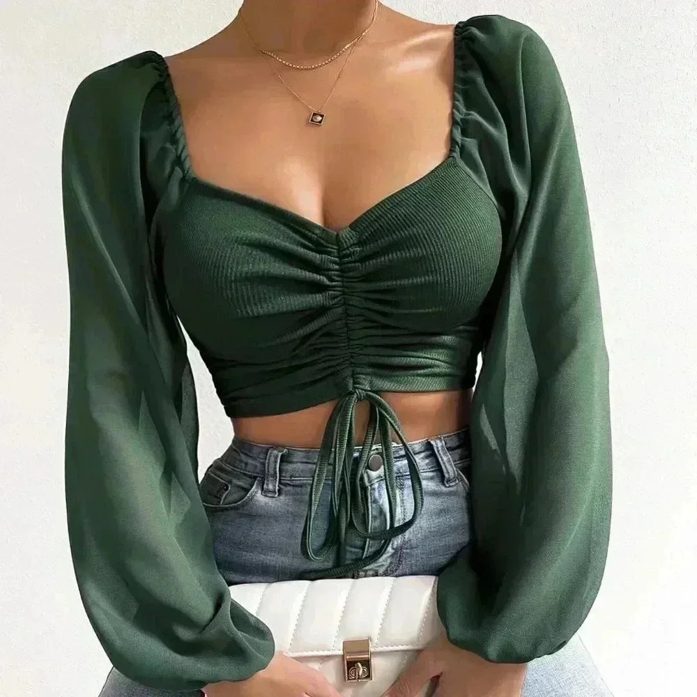 Dark Green Casual Women's Sweetheart Neck Drawstring Lantern Sleeve Crop Top